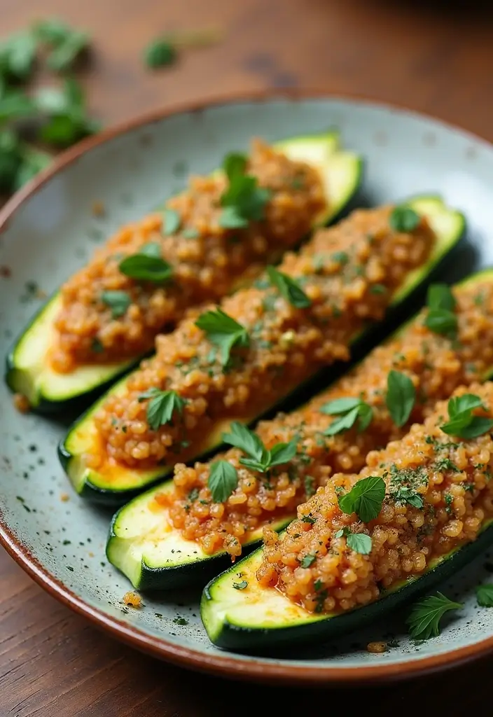 30+ Low Calorie Vegan Recipes That Still Satisfy - 21. Quinoa Stuffed Zucchini Boats