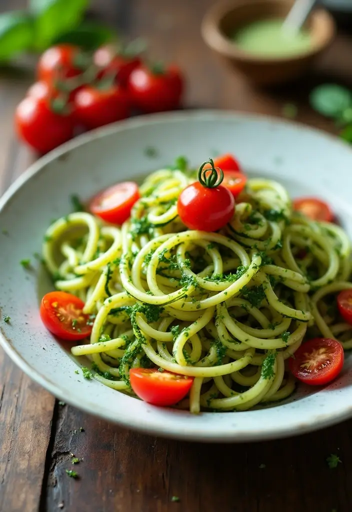 30+ Low Calorie Vegan Recipes That Still Satisfy - 24. Zucchini Noodles with Pesto